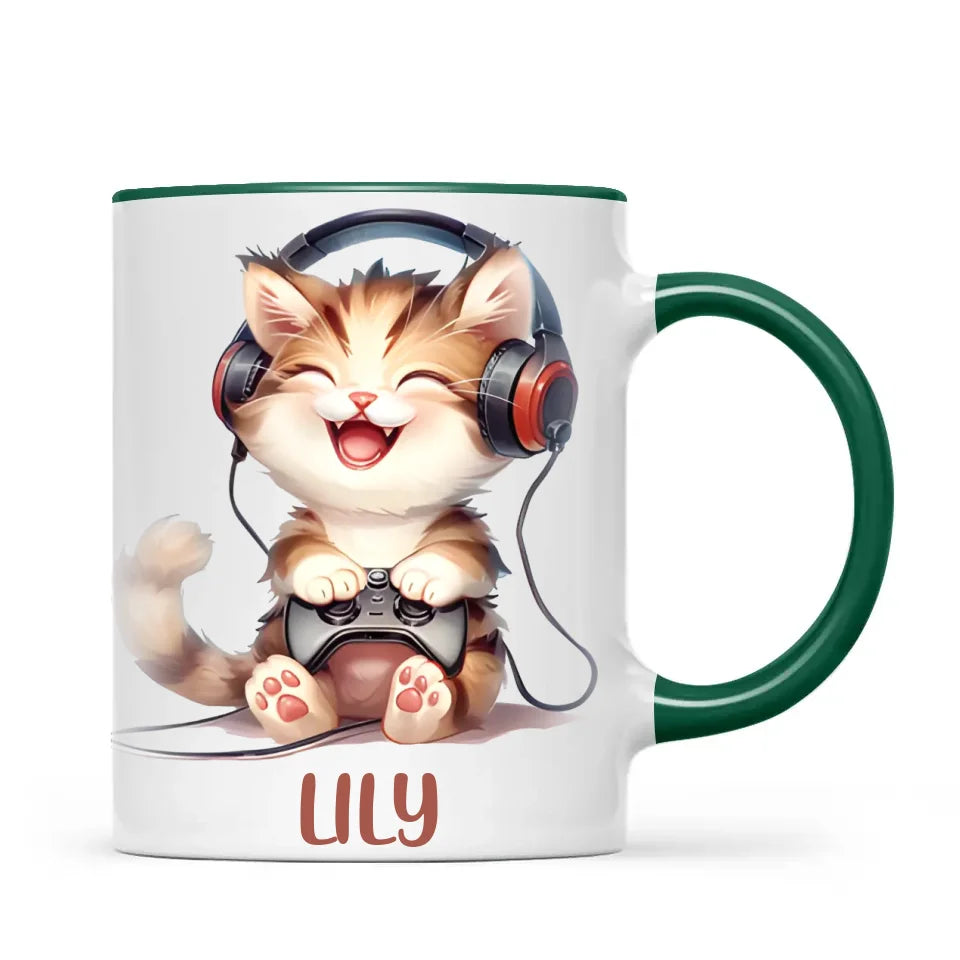 Personalised Gaming Cat Kids Cup - Custom Name Cup - 11oz, 6oz or Enamel - Cute Gamer Cat Gift - NZ Made