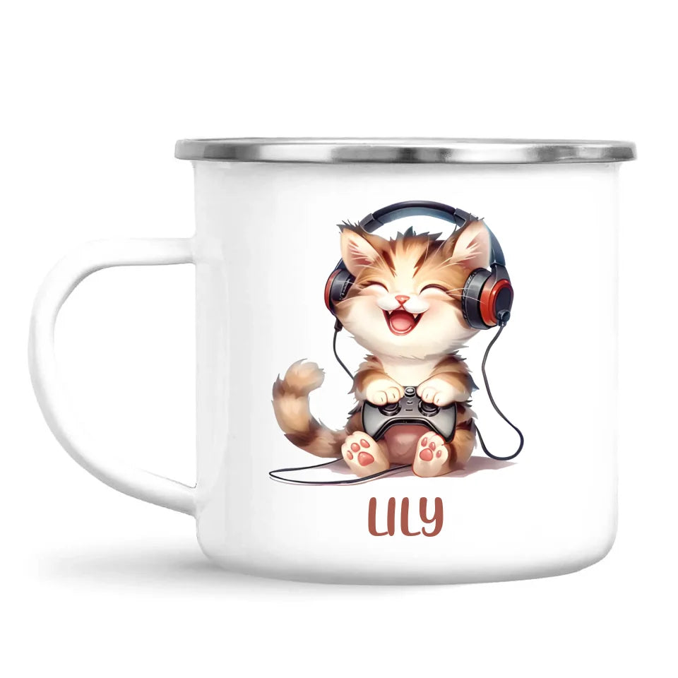 Personalised Gaming Cat Kids Cup - Custom Name Cup - 11oz, 6oz or Enamel - Cute Gamer Cat Gift - NZ Made