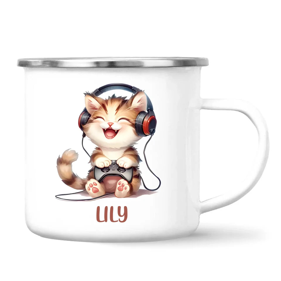 Personalised Gaming Cat Kids Cup - Custom Name Cup - 11oz, 6oz or Enamel - Cute Gamer Cat Gift - NZ Made