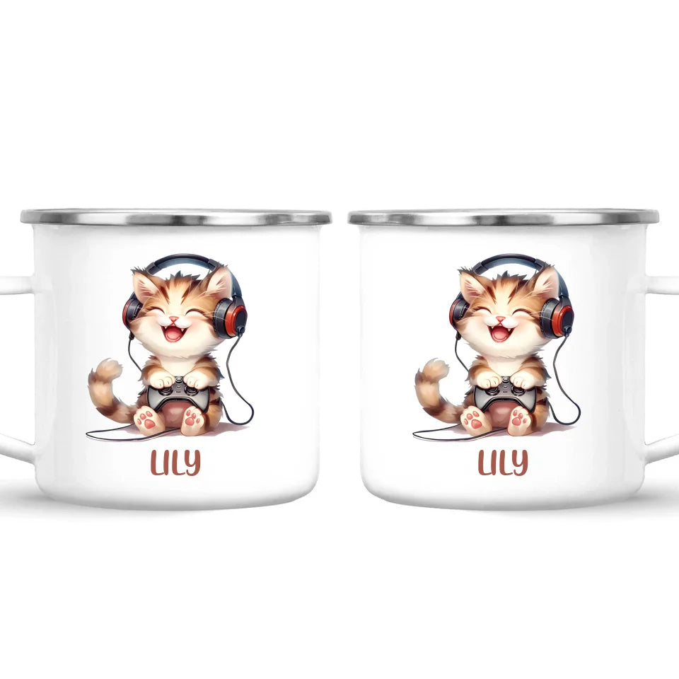 Personalised Gaming Cat Kids Cup - Custom Name Cup - 11oz, 6oz or Enamel - Cute Gamer Cat Gift - NZ Made