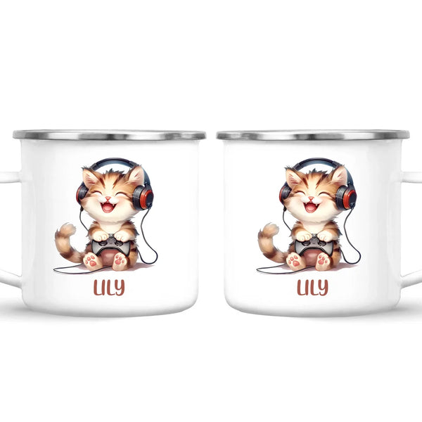 Personalised Gaming Cat Kids Cup - Custom Name Cup - 11oz, 6oz or Enamel - Cute Gamer Cat Gift - NZ Made