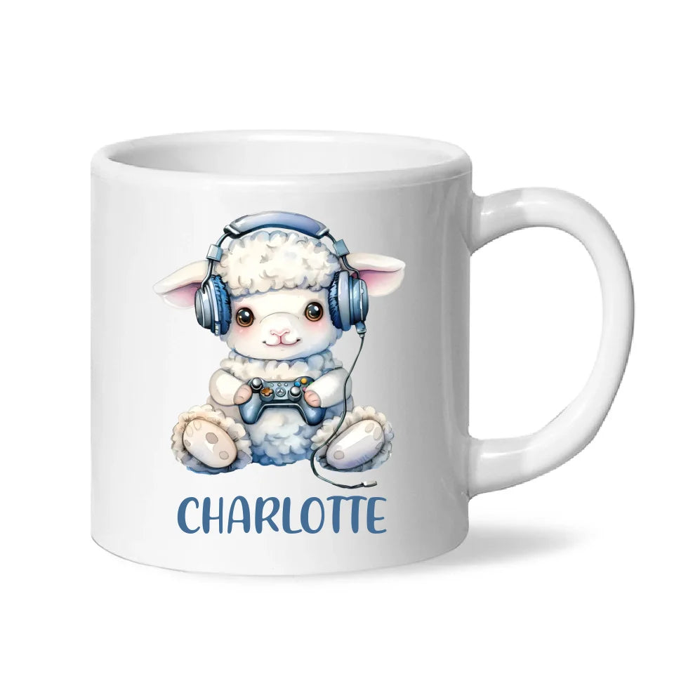Personalised Gaming Lamb Kids Cup - Custom Name Mug - 11oz, 6oz or Enamel - Cute Gamer Sheep Gift - NZ Made