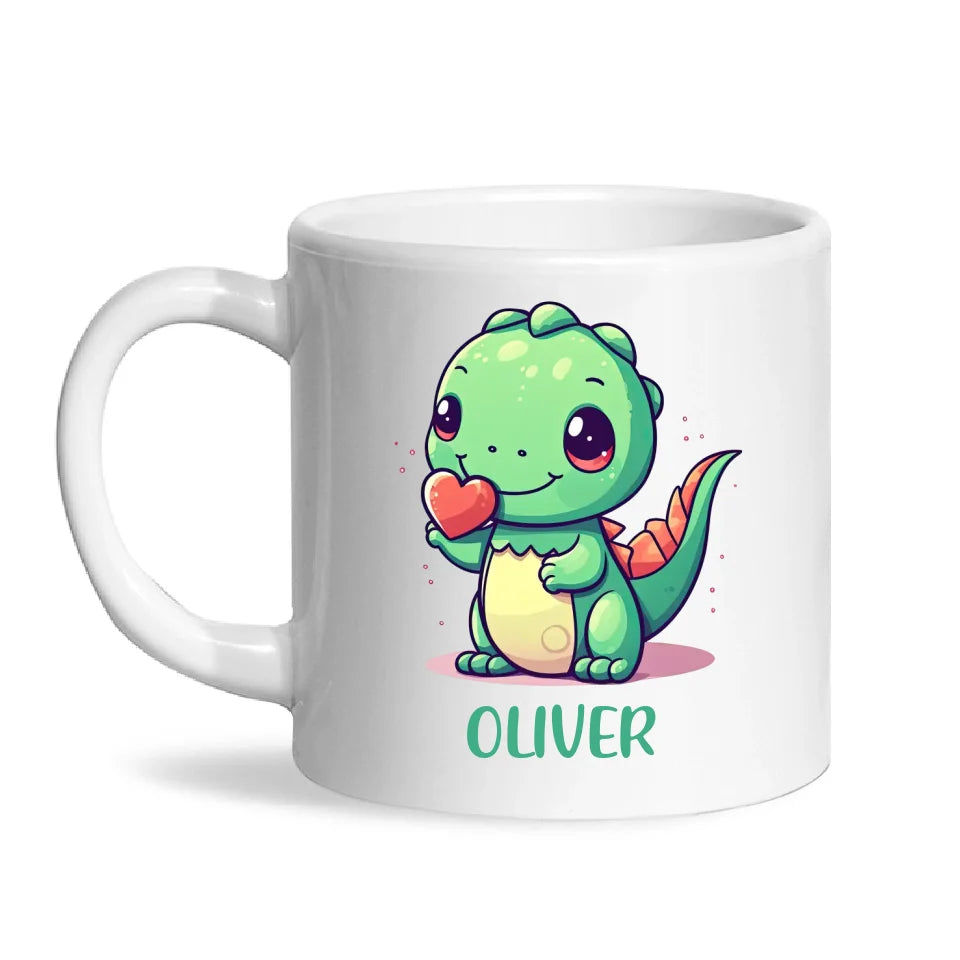 Personalised Cute Dinosaur Kids Cup - Custom Name Dino Mug - 11oz, 6oz or Enamel - Heart Holding Dinosaur Gift - NZ Made
