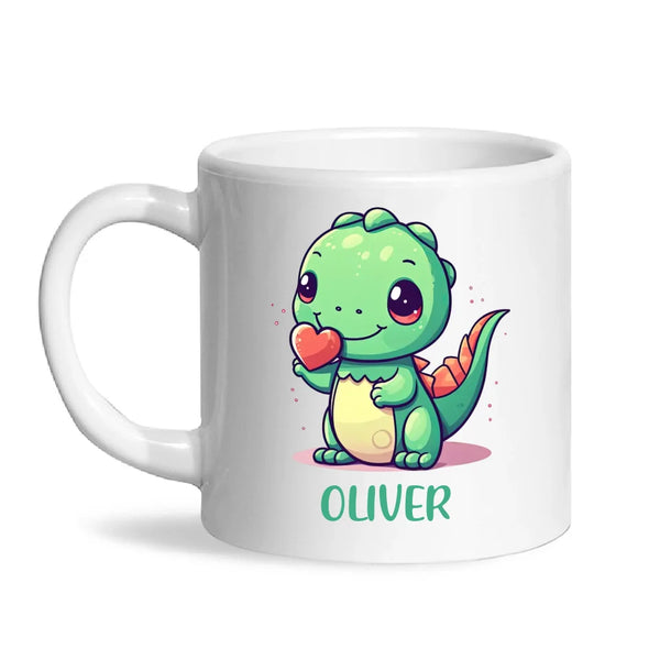 Personalised Cute Dinosaur Kids Cup - Custom Name Dino Mug - 11oz, 6oz or Enamel - Heart Holding Dinosaur Gift - NZ Made