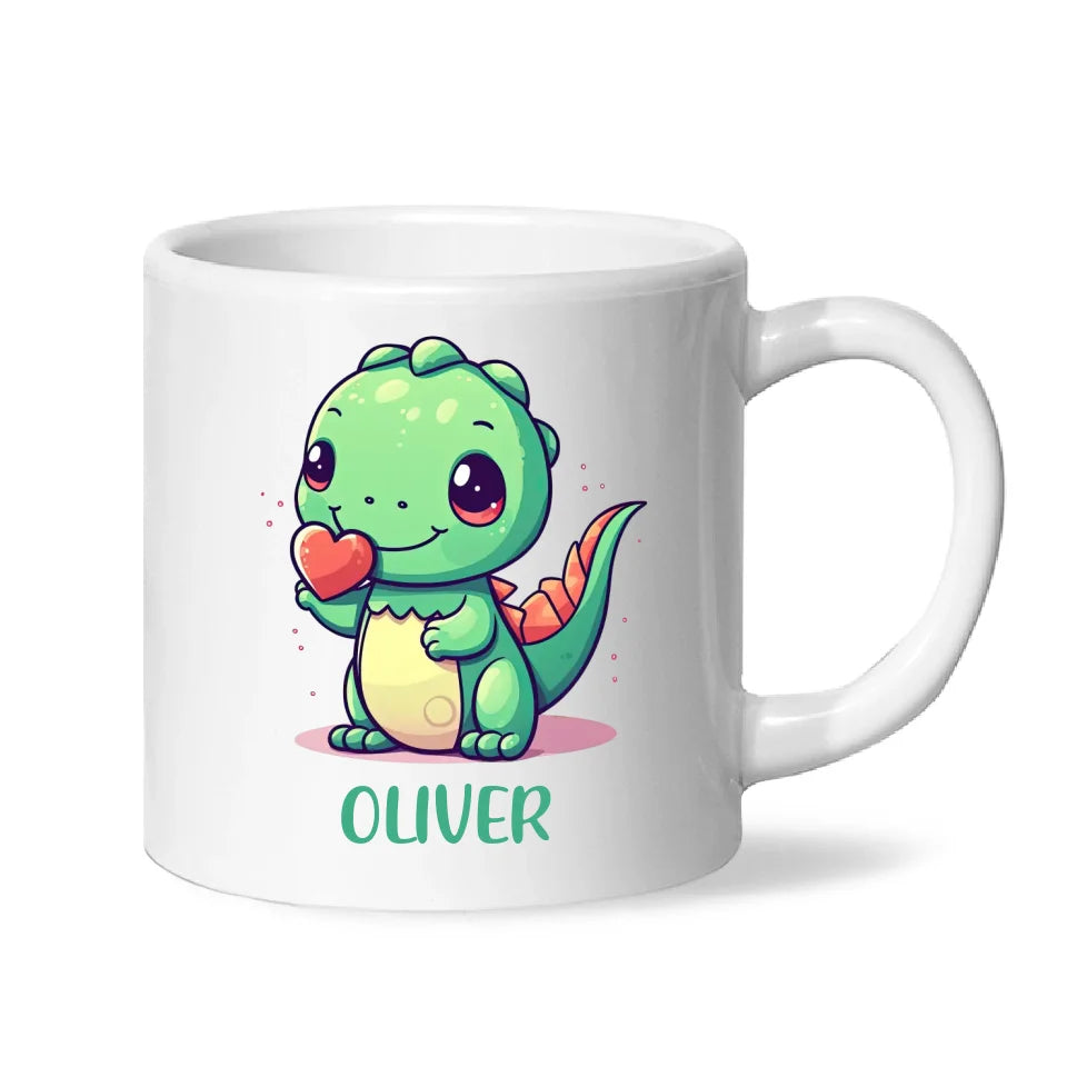 Personalised Cute Dinosaur Kids Cup - Custom Name Dino Mug - 11oz, 6oz or Enamel - Heart Holding Dinosaur Gift - NZ Made