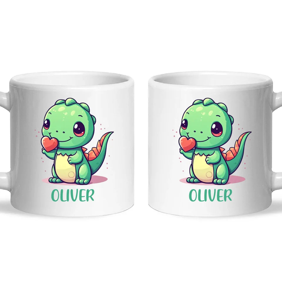 Personalised Cute Dinosaur Kids Cup - Custom Name Dino Mug - 11oz, 6oz or Enamel - Heart Holding Dinosaur Gift - NZ Made