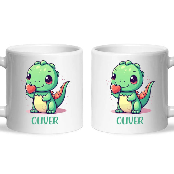 Personalised Cute Dinosaur Kids Cup - Custom Name Dino Mug - 11oz, 6oz or Enamel - Heart Holding Dinosaur Gift - NZ Made