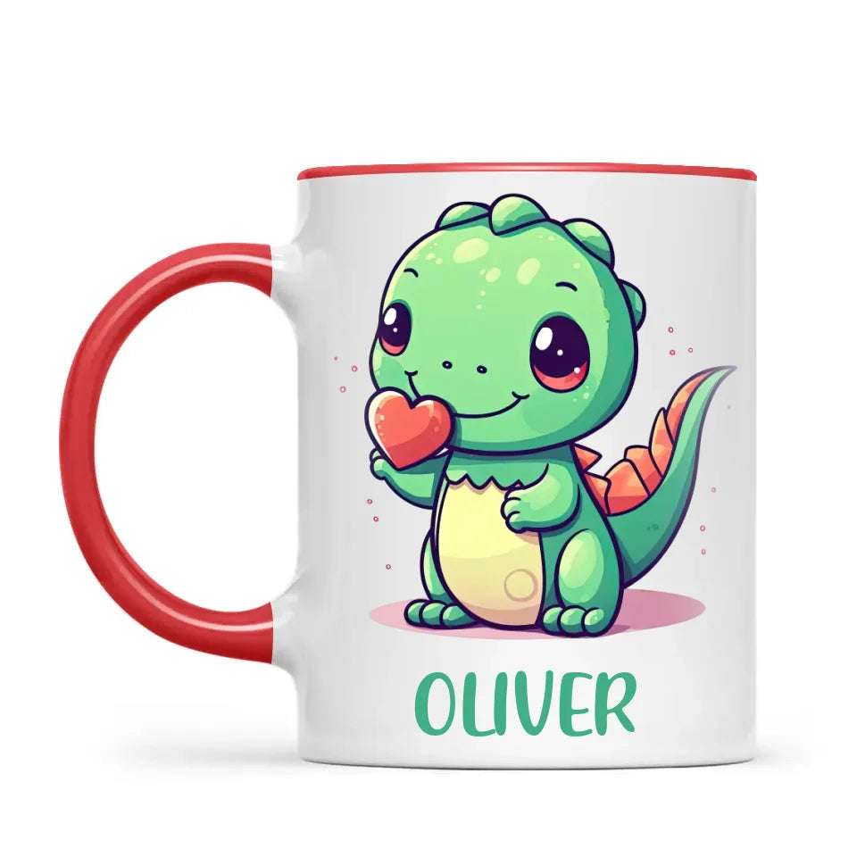 Personalised Cute Dinosaur Kids Cup - Custom Name Dino Mug - 11oz, 6oz or Enamel - Heart Holding Dinosaur Gift - NZ Made