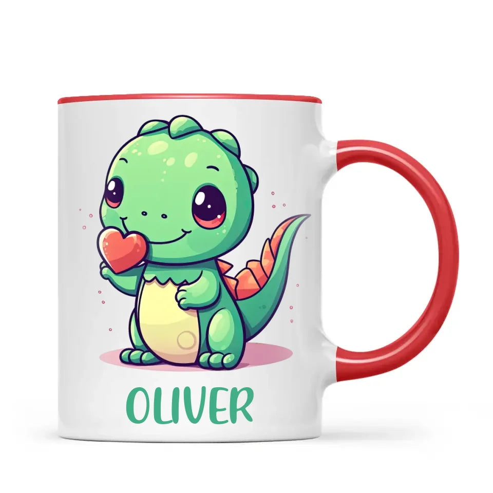 Personalised Cute Dinosaur Kids Cup - Custom Name Dino Mug - 11oz, 6oz or Enamel - Heart Holding Dinosaur Gift - NZ Made