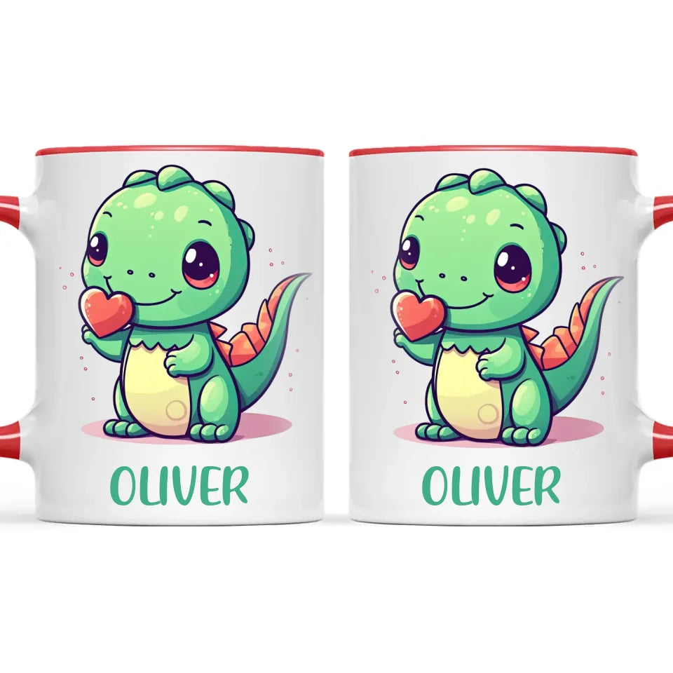 Personalised Cute Dinosaur Kids Cup - Custom Name Dino Mug - 11oz, 6oz or Enamel - Heart Holding Dinosaur Gift - NZ Made