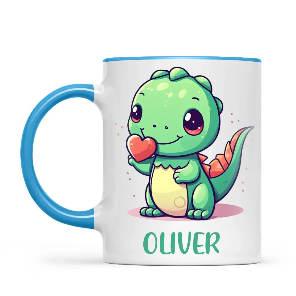 Personalised Cute Dinosaur Kids Cup - Custom Name Dino Mug - 11oz, 6oz or Enamel - Heart Holding Dinosaur Gift - NZ Made