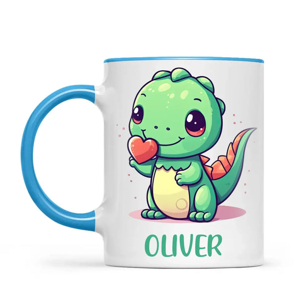 Personalised Cute Dinosaur Kids Cup - Custom Name Dino Mug - 11oz, 6oz or Enamel - Heart Holding Dinosaur Gift - NZ Made