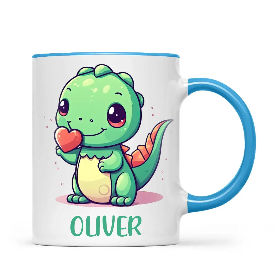 Personalised Cute Dinosaur Kids Cup - Custom Name Dino Mug - 11oz, 6oz or Enamel - Heart Holding Dinosaur Gift - NZ Made