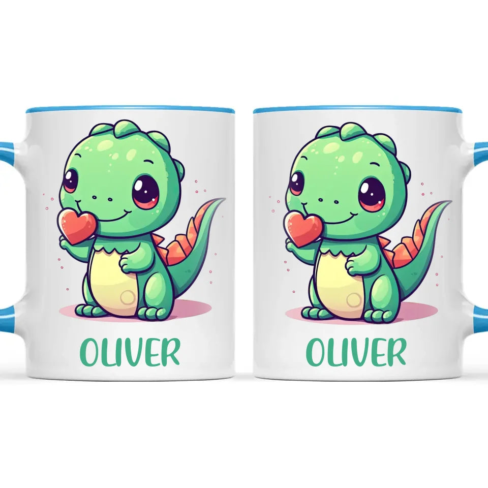 Personalised Cute Dinosaur Kids Cup - Custom Name Dino Mug - 11oz, 6oz or Enamel - Heart Holding Dinosaur Gift - NZ Made