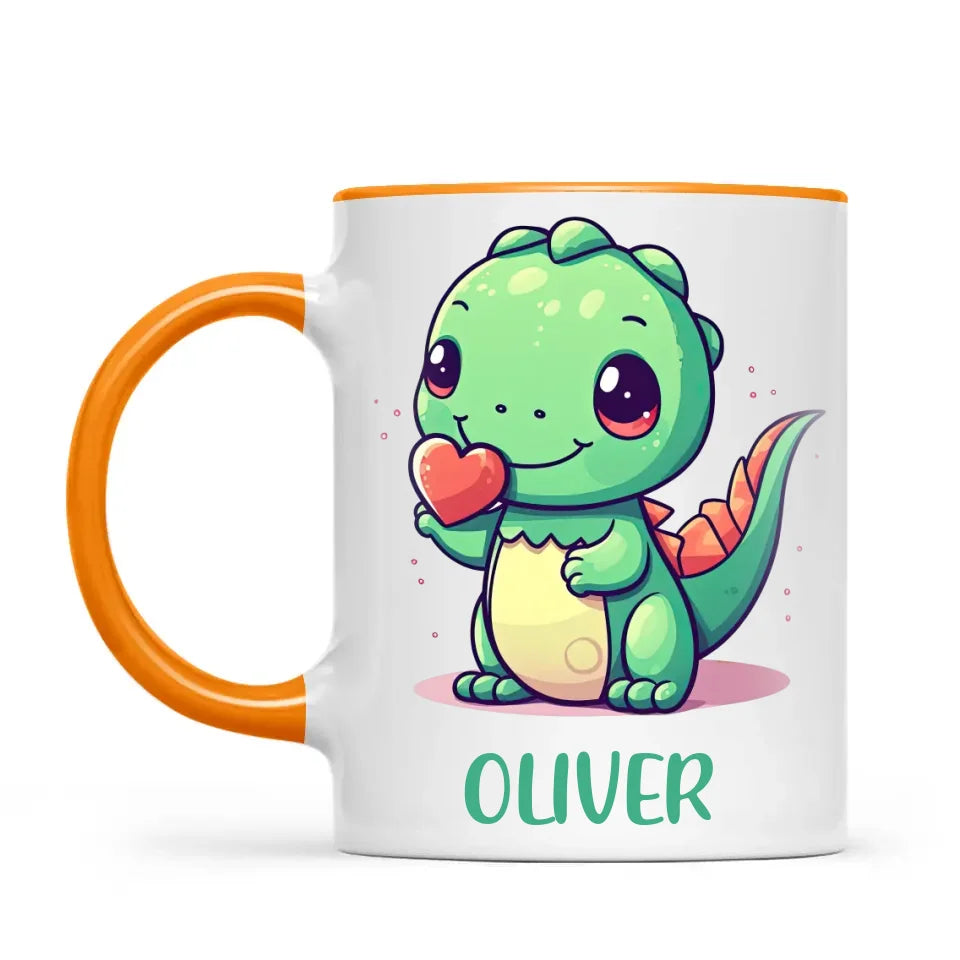 Personalised Cute Dinosaur Kids Cup - Custom Name Dino Mug - 11oz, 6oz or Enamel - Heart Holding Dinosaur Gift - NZ Made
