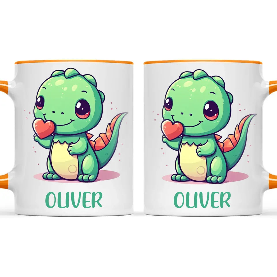 Personalised Cute Dinosaur Kids Cup - Custom Name Dino Mug - 11oz, 6oz or Enamel - Heart Holding Dinosaur Gift - NZ Made