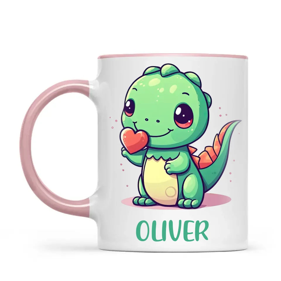 Personalised Cute Dinosaur Kids Cup - Custom Name Dino Mug - 11oz, 6oz or Enamel - Heart Holding Dinosaur Gift - NZ Made