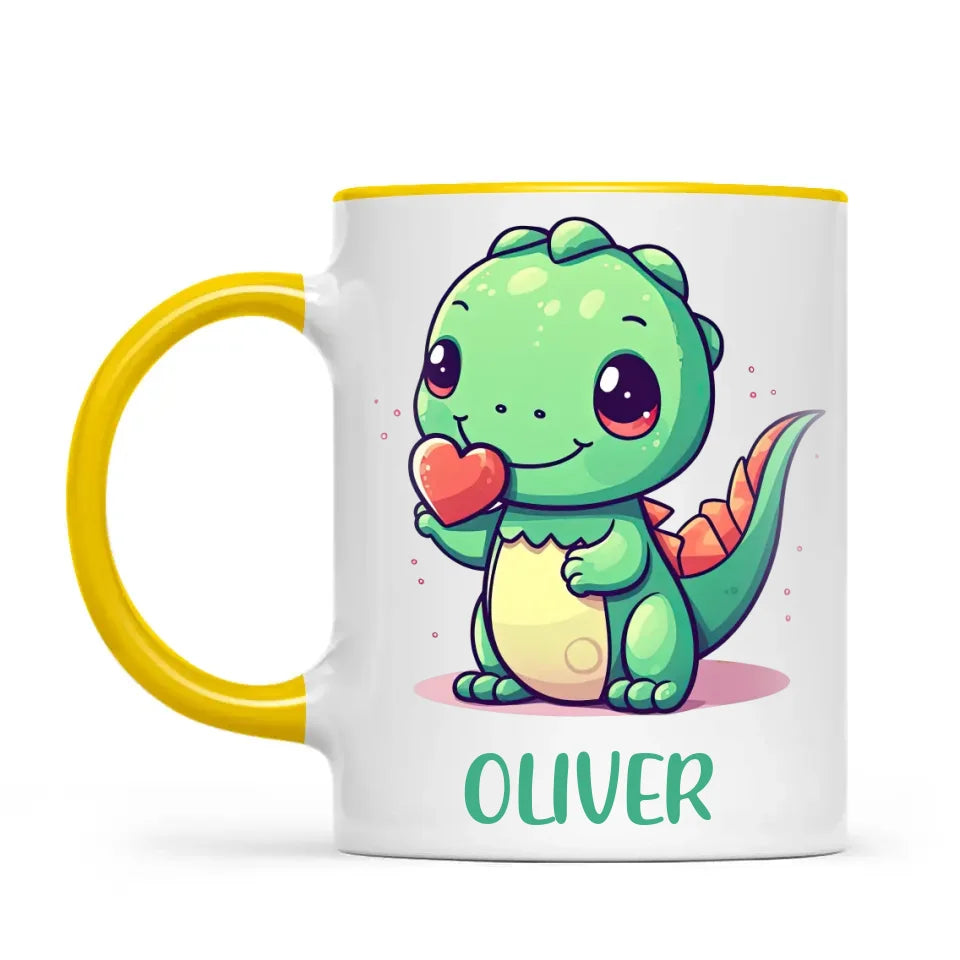 Personalised Cute Dinosaur Kids Cup - Custom Name Dino Mug - 11oz, 6oz or Enamel - Heart Holding Dinosaur Gift - NZ Made