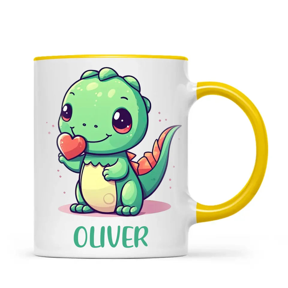 Personalised Cute Dinosaur Kids Cup - Custom Name Dino Mug - 11oz, 6oz or Enamel - Heart Holding Dinosaur Gift - NZ Made