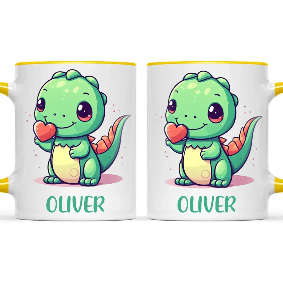 Personalised Cute Dinosaur Kids Cup - Custom Name Dino Mug - 11oz, 6oz or Enamel - Heart Holding Dinosaur Gift - NZ Made