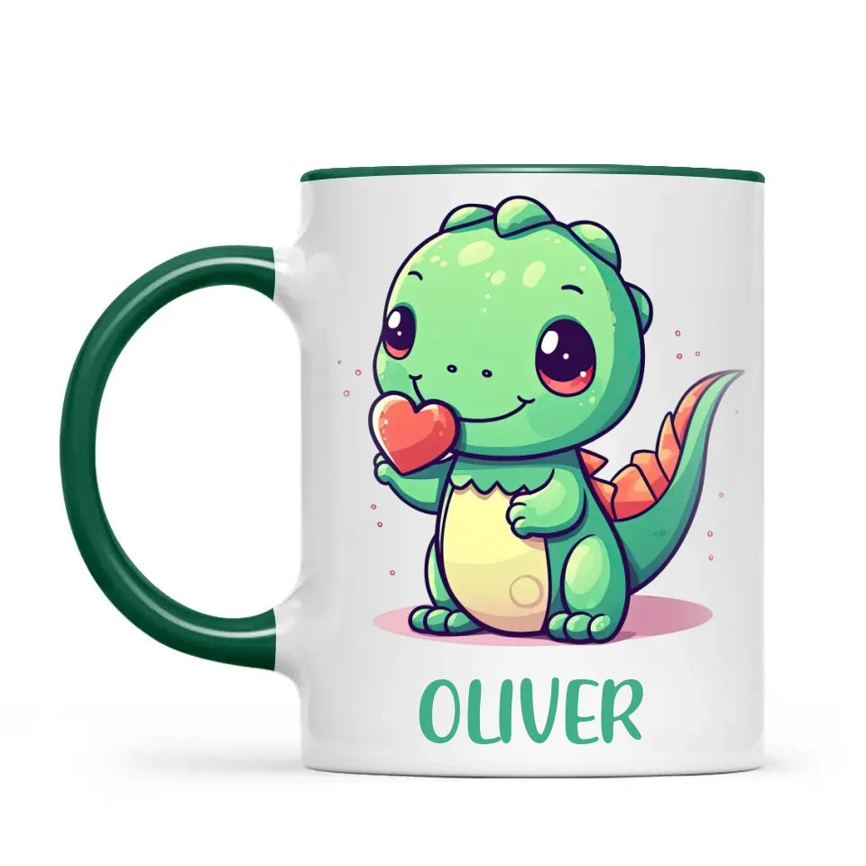 Personalised Cute Dinosaur Kids Cup - Custom Name Dino Mug - 11oz, 6oz or Enamel - Heart Holding Dinosaur Gift - NZ Made