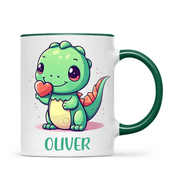 Personalised Cute Dinosaur Kids Cup - Custom Name Dino Mug - 11oz, 6oz or Enamel - Heart Holding Dinosaur Gift - NZ Made