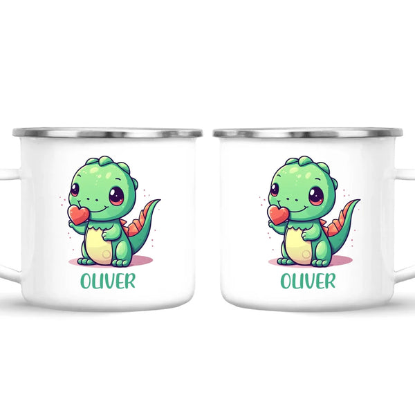 Personalised Cute Dinosaur Kids Cup - Custom Name Dino Mug - 11oz, 6oz or Enamel - Heart Holding Dinosaur Gift - NZ Made