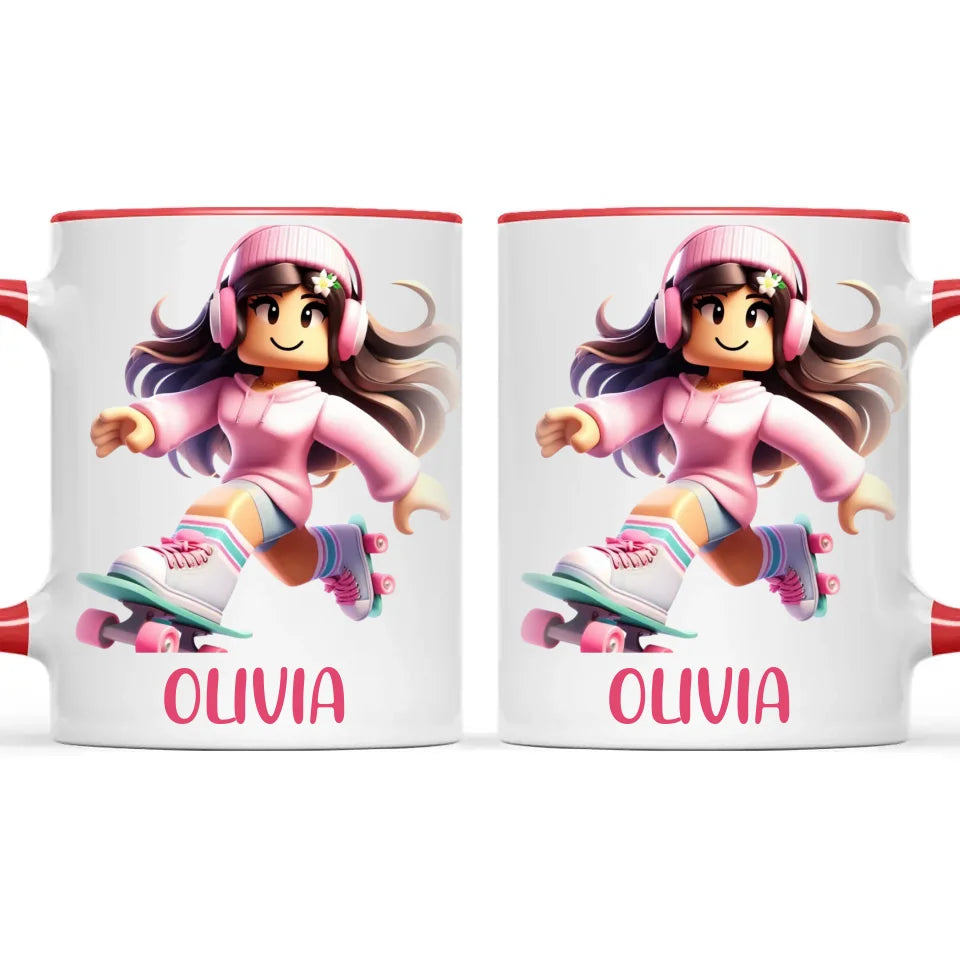 Personalised Skater Girl Kids Cup - Custom Name Gaming Mug - 11oz, 6oz or Enamel - Fun Roblox Inspired Design - NZ Made