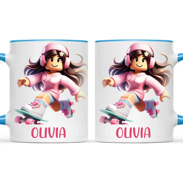 Personalised Skater Girl Kids Cup - Custom Name Gaming Mug - 11oz, 6oz or Enamel - Fun Roblox Inspired Design - NZ Made