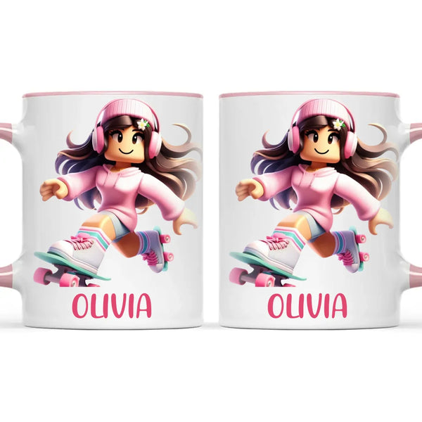 Personalised Skater Girl Kids Cup - Custom Name Gaming Mug - 11oz, 6oz or Enamel - Fun Roblox Inspired Design - NZ Made