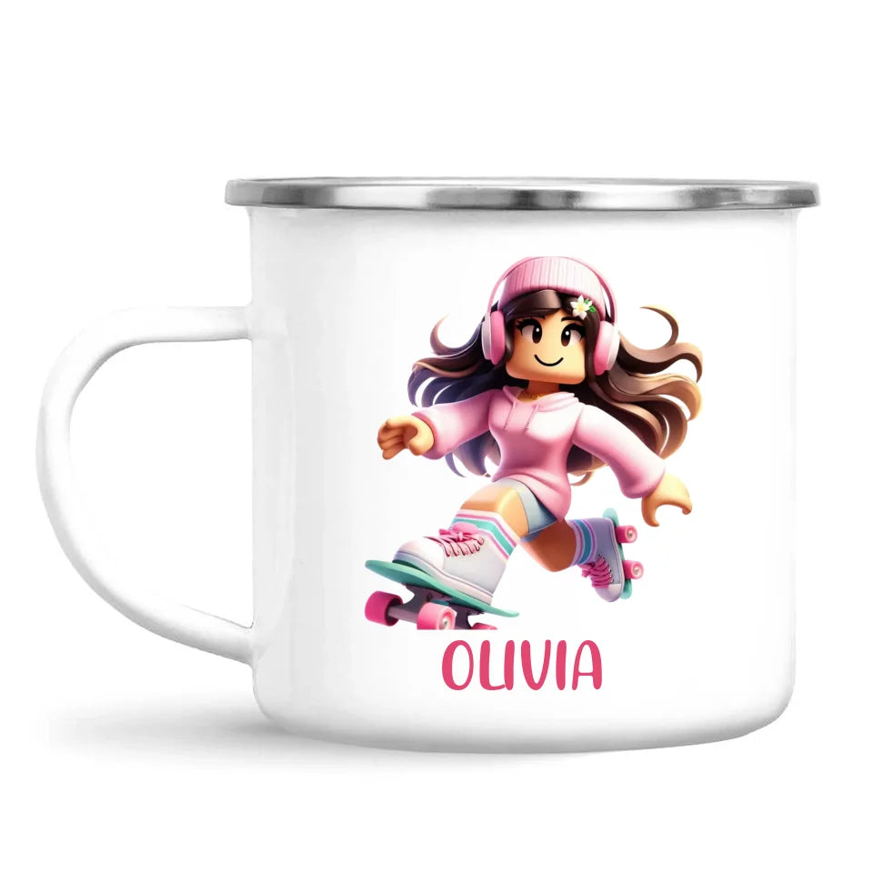 Personalised Skater Girl Kids Cup - Custom Name Gaming Mug - 11oz, 6oz or Enamel - Fun Roblox Inspired Design - NZ Made