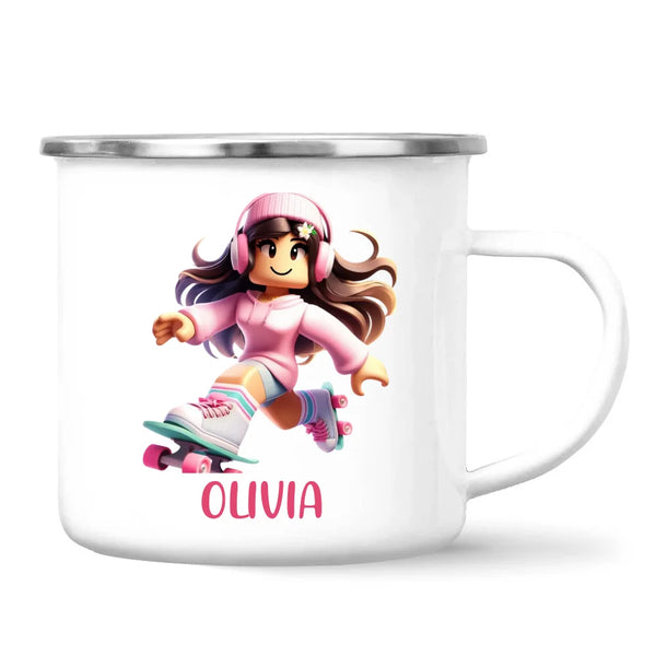 Personalised Skater Girl Kids Cup - Custom Name Gaming Mug - 11oz, 6oz or Enamel - Fun Roblox Inspired Design - NZ Made