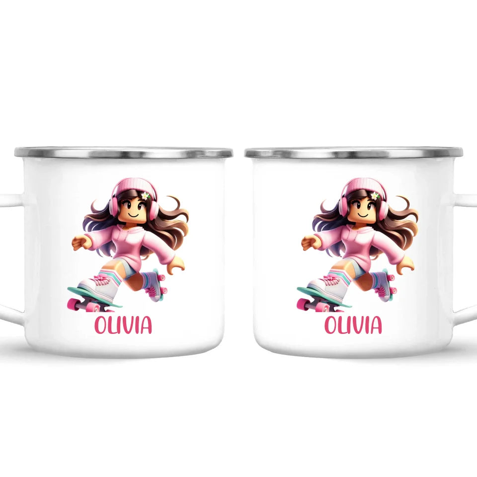 Personalised Skater Girl Kids Cup - Custom Name Gaming Mug - 11oz, 6oz or Enamel - Fun Roblox Inspired Design - NZ Made