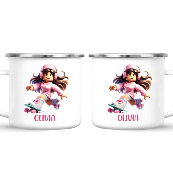 Personalised Skater Girl Kids Cup - Custom Name Gaming Mug - 11oz, 6oz or Enamel - Fun Roblox Inspired Design - NZ Made