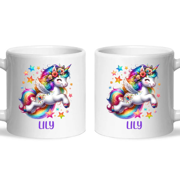 Personalised with Name, Rainbow Unicorn Kids Mug – Customised Magical Unicorn Cup for Children – Available in 11oz, 6oz & Enamel Options