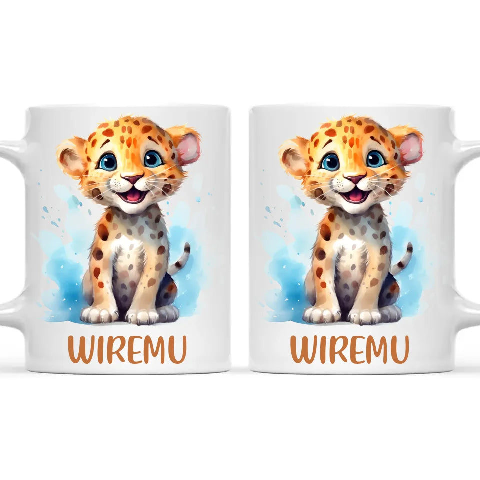 Personalised Leopard Cub Cup - Custom Name Kids Mug - Cute Safari Animal Gift - 11oz, 6oz or Enamel - NZ Made