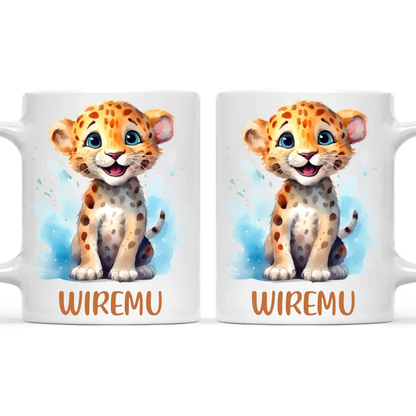 Personalised Leopard Cub Cup - Custom Name Kids Mug - Cute Safari Animal Gift - 11oz, 6oz or Enamel - NZ Made