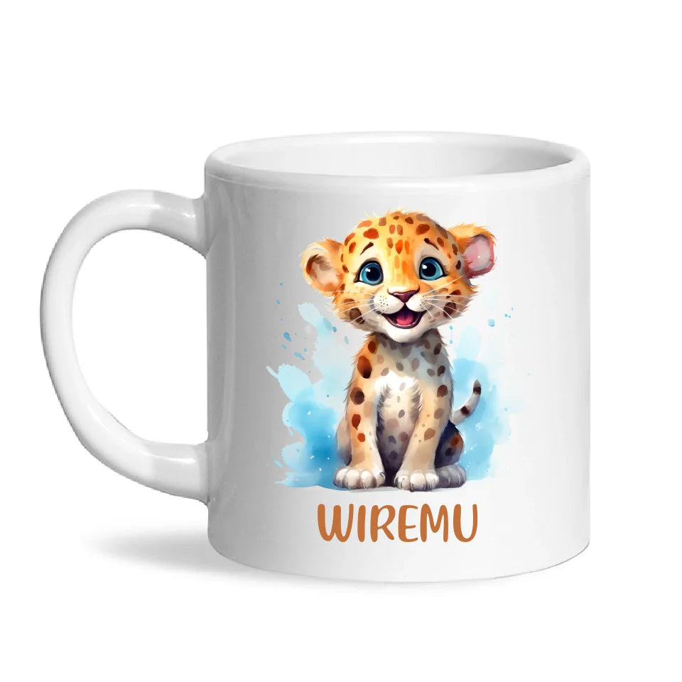 Personalised Leopard Cub Cup - Custom Name Kids Mug - Cute Safari Animal Gift - 11oz, 6oz or Enamel - NZ Made