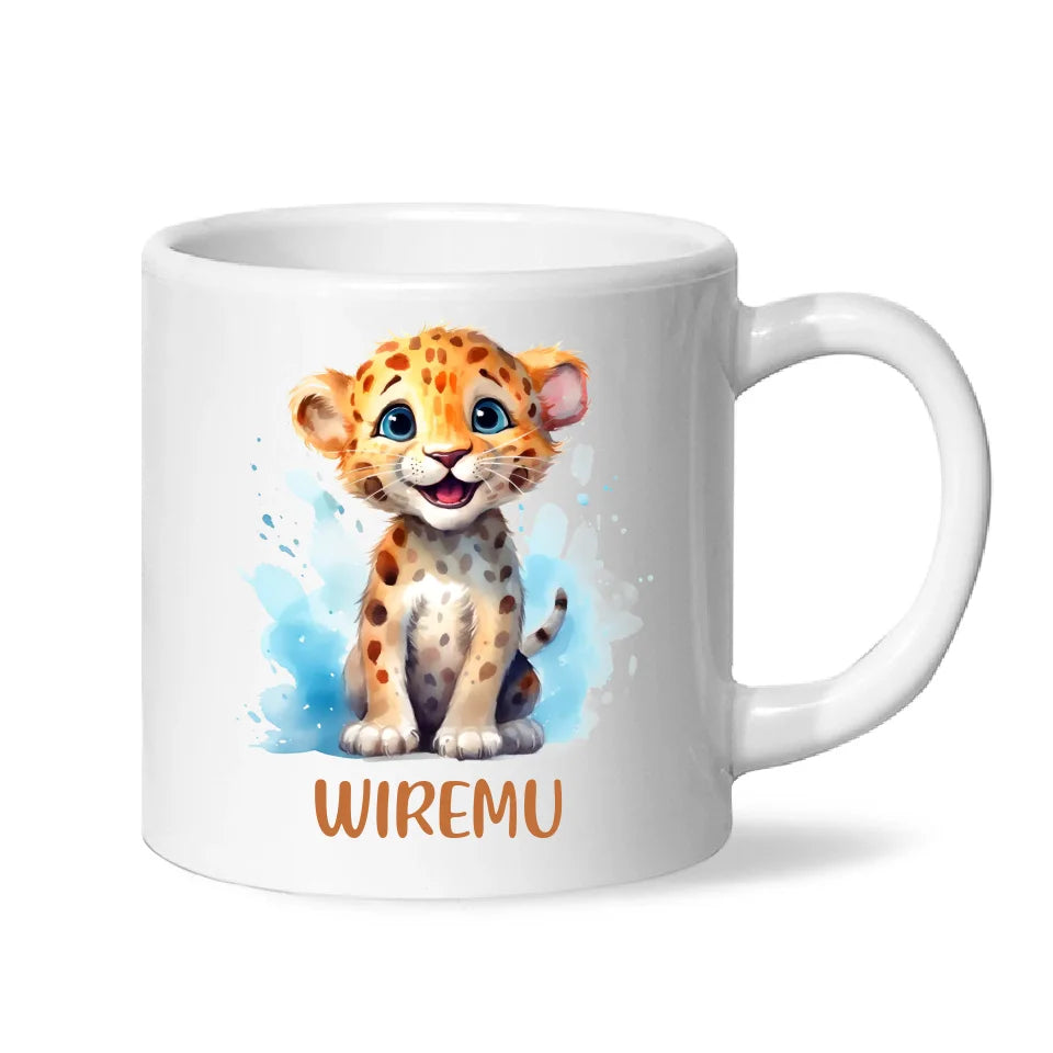 Personalised Leopard Cub Cup - Custom Name Kids Mug - Cute Safari Animal Gift - 11oz, 6oz or Enamel - NZ Made