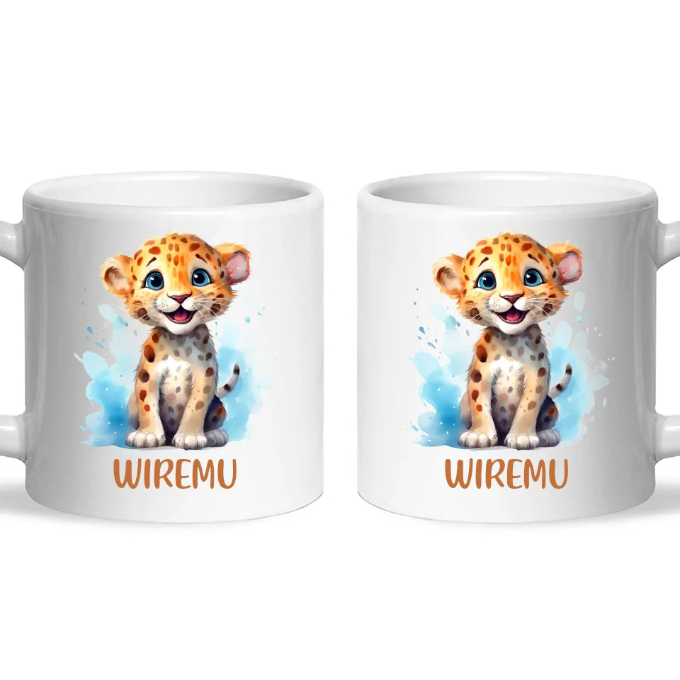 Personalised Leopard Cub Cup - Custom Name Kids Mug - Cute Safari Animal Gift - 11oz, 6oz or Enamel - NZ Made