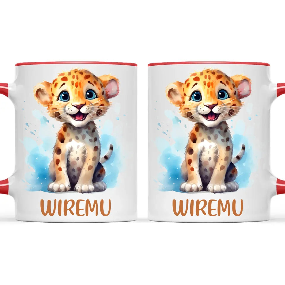 Personalised Leopard Cub Cup - Custom Name Kids Mug - Cute Safari Animal Gift - 11oz, 6oz or Enamel - NZ Made