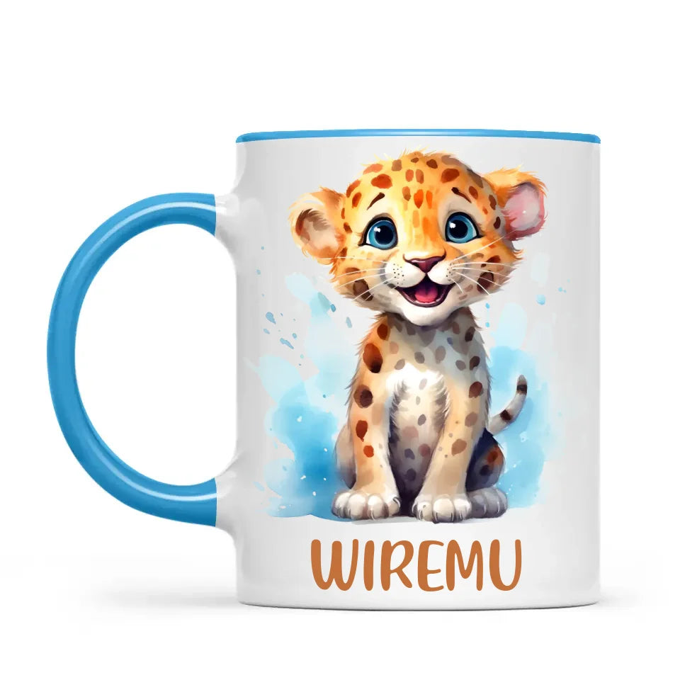 Personalised Leopard Cub Cup - Custom Name Kids Mug - Cute Safari Animal Gift - 11oz, 6oz or Enamel - NZ Made