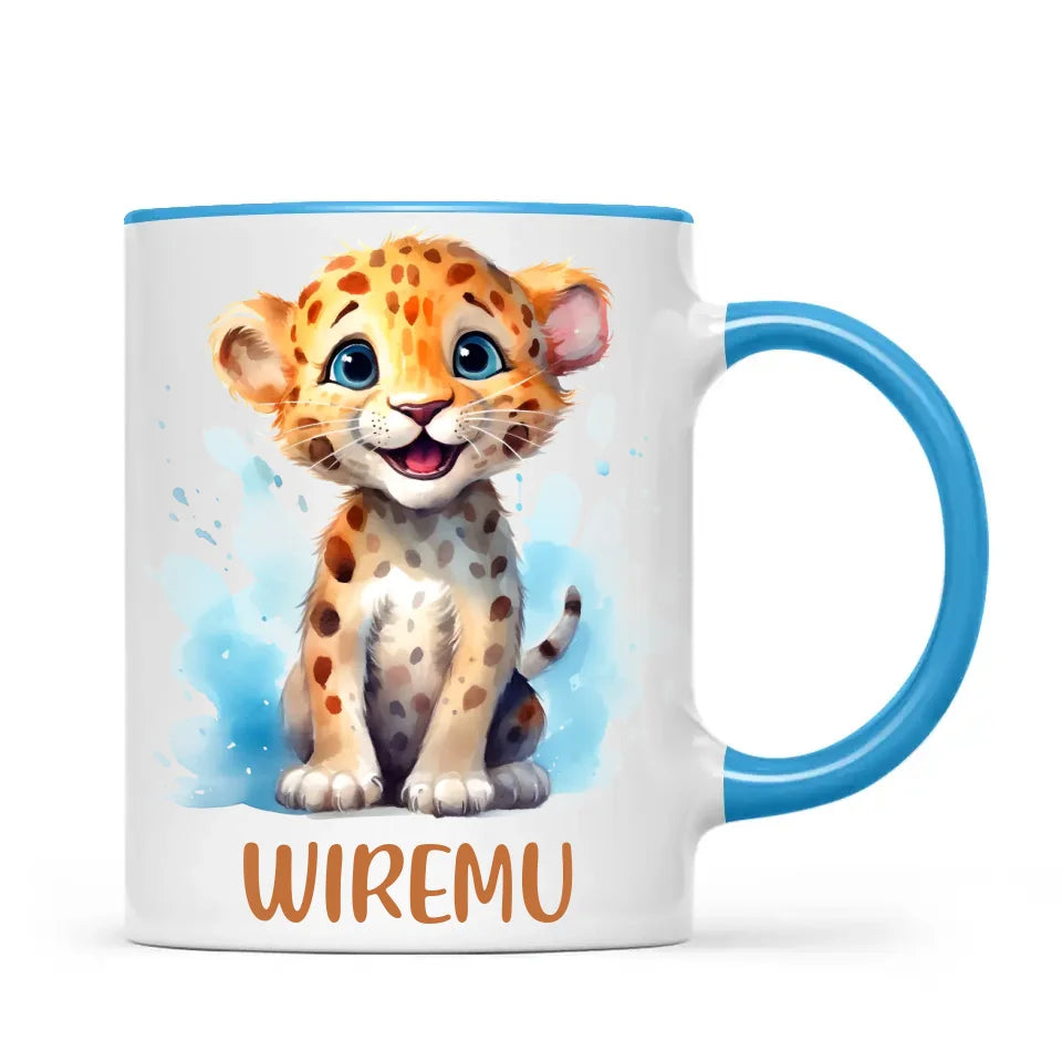 Personalised Leopard Cub Cup - Custom Name Kids Mug - Cute Safari Animal Gift - 11oz, 6oz or Enamel - NZ Made