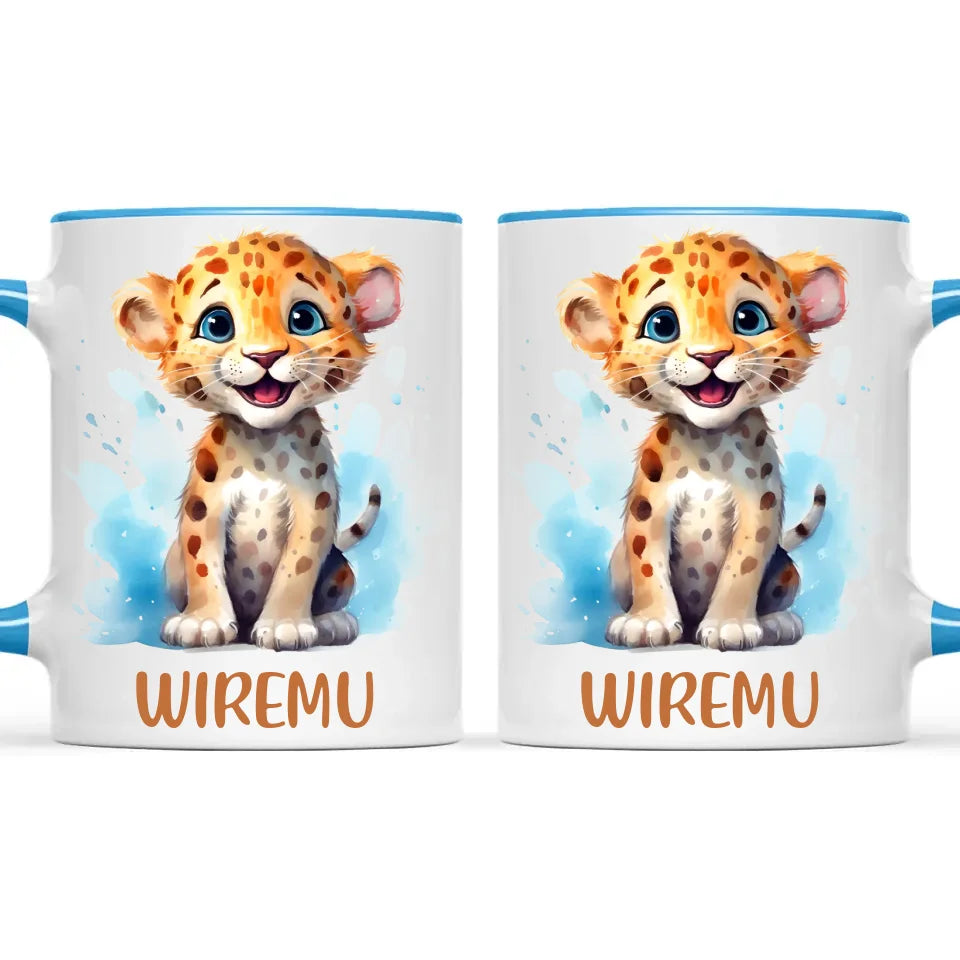 Personalised Leopard Cub Cup - Custom Name Kids Mug - Cute Safari Animal Gift - 11oz, 6oz or Enamel - NZ Made