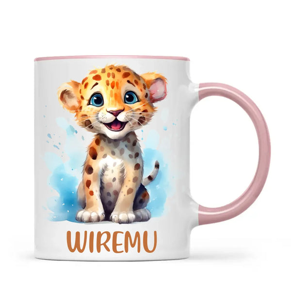 Personalised Leopard Cub Cup - Custom Name Kids Mug - Cute Safari Animal Gift - 11oz, 6oz or Enamel - NZ Made