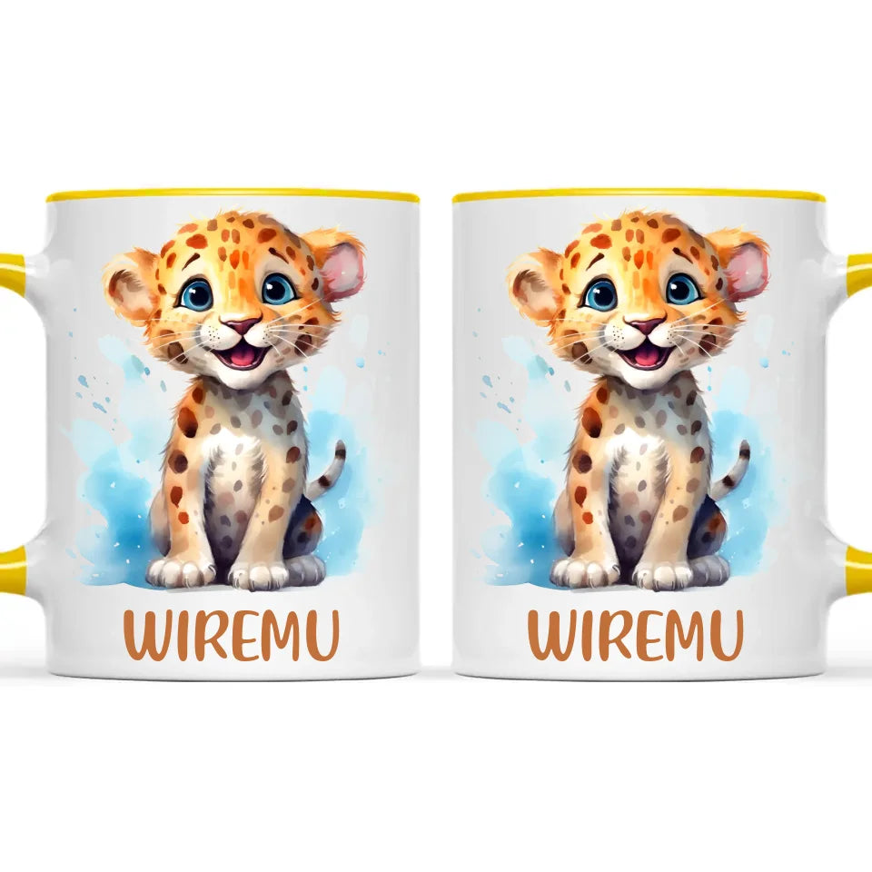 Personalised Leopard Cub Cup - Custom Name Kids Mug - Cute Safari Animal Gift - 11oz, 6oz or Enamel - NZ Made