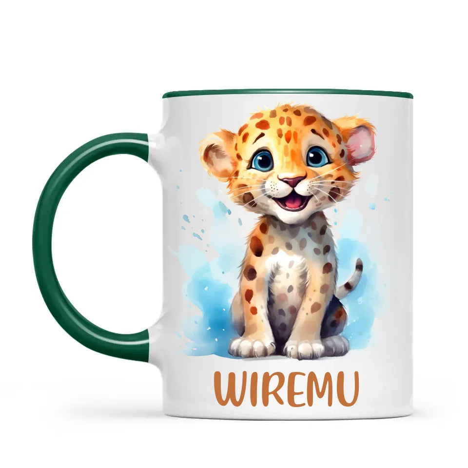 Personalised Leopard Cub Cup - Custom Name Kids Mug - Cute Safari Animal Gift - 11oz, 6oz or Enamel - NZ Made