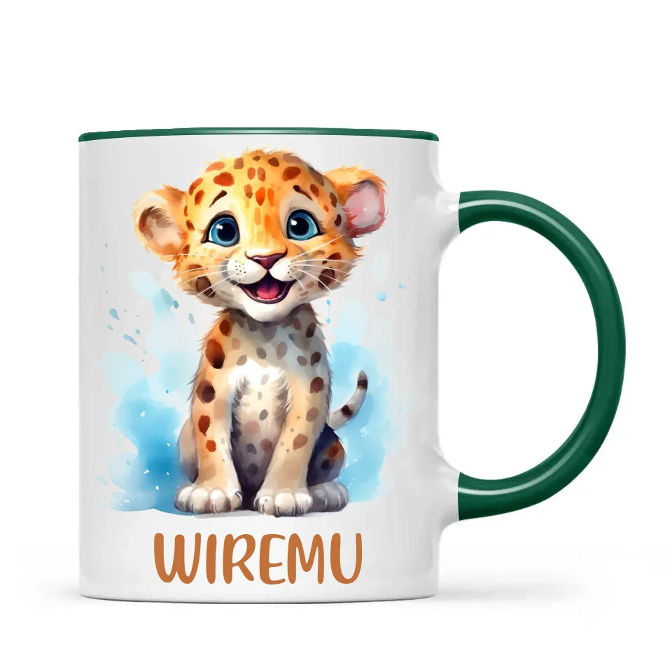 Personalised Leopard Cub Cup - Custom Name Kids Mug - Cute Safari Animal Gift - 11oz, 6oz or Enamel - NZ Made