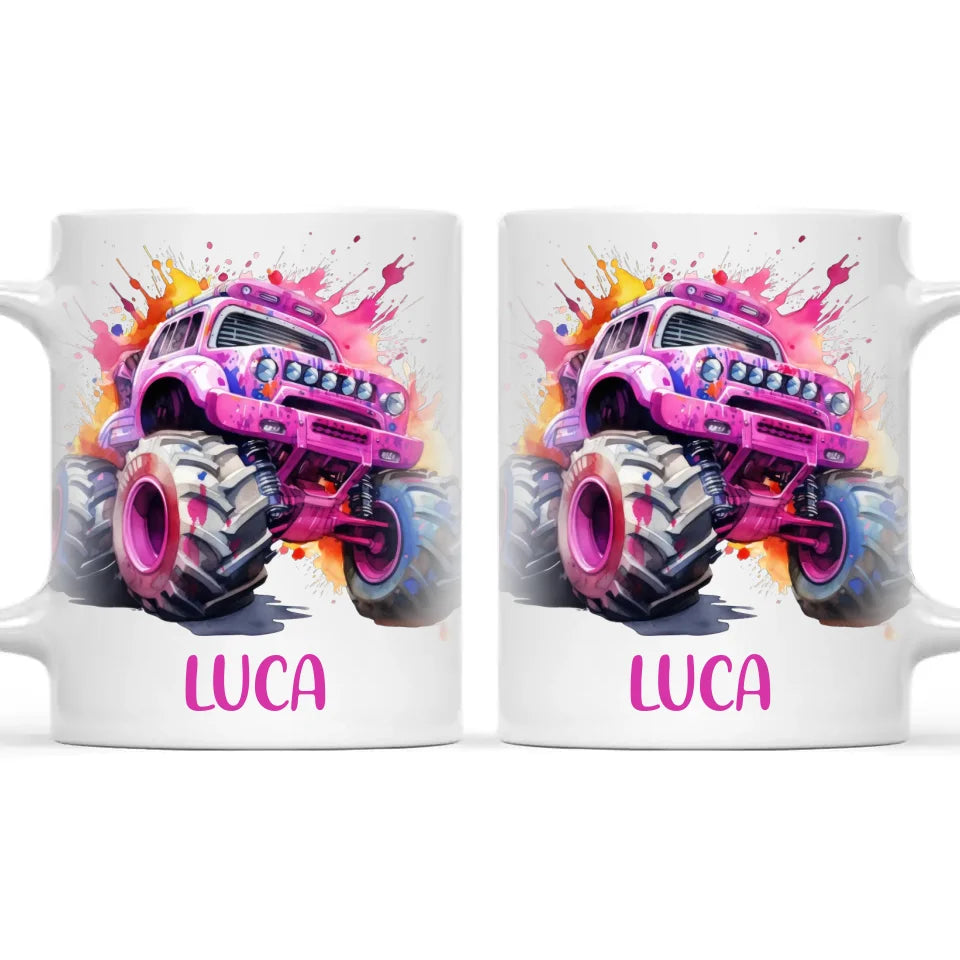 Personalised Monster Truck Cup - Custom Name Kids Mug - Pink Watercolour Monster Truck Design - 11oz, 6oz or Enamel - NZ Made