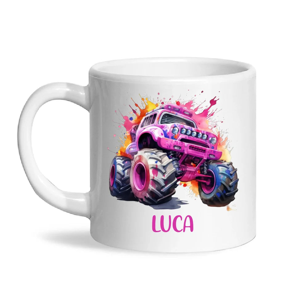 Personalised Monster Truck Cup - Custom Name Kids Mug - Pink Watercolour Monster Truck Design - 11oz, 6oz or Enamel - NZ Made